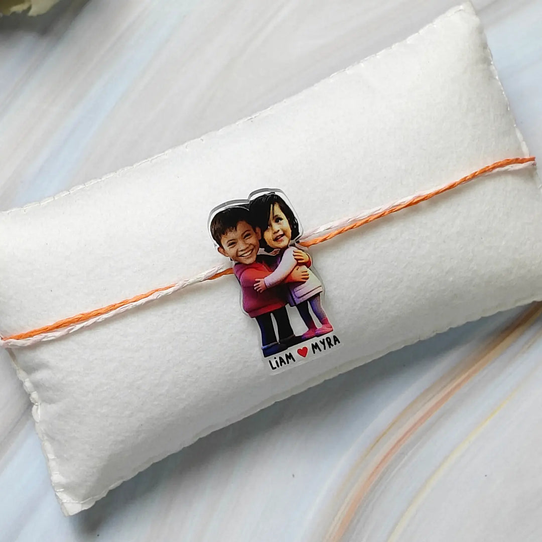 Photo Personalized Reusable Caricature Sibling Hug Theme Acrylic Kids Rakhi