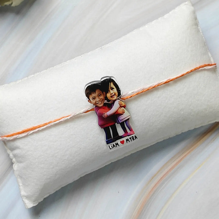 Photo Personalized Reusable Caricature Sibling Hug Theme Acrylic Kids Rakhi