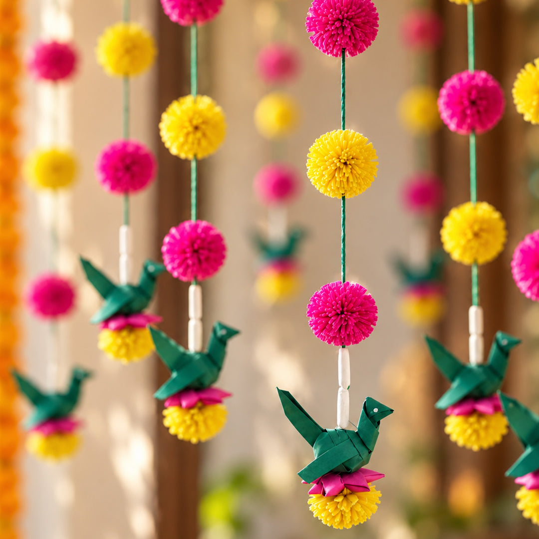 2 Pc | Shola Wood Flowers & Palm Leaf Parrot Hangings
