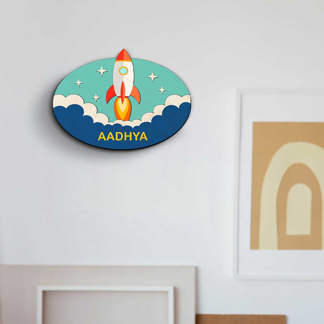 Personalised Rocket Theme 3D Oval Kids Nameplate