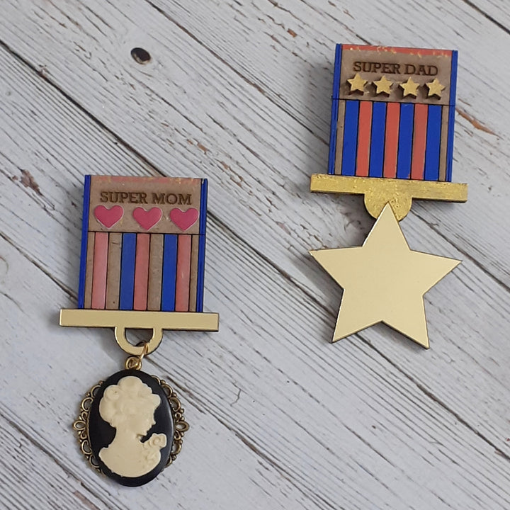 Hand-Painted Super Mom And Dad Wooden Badge