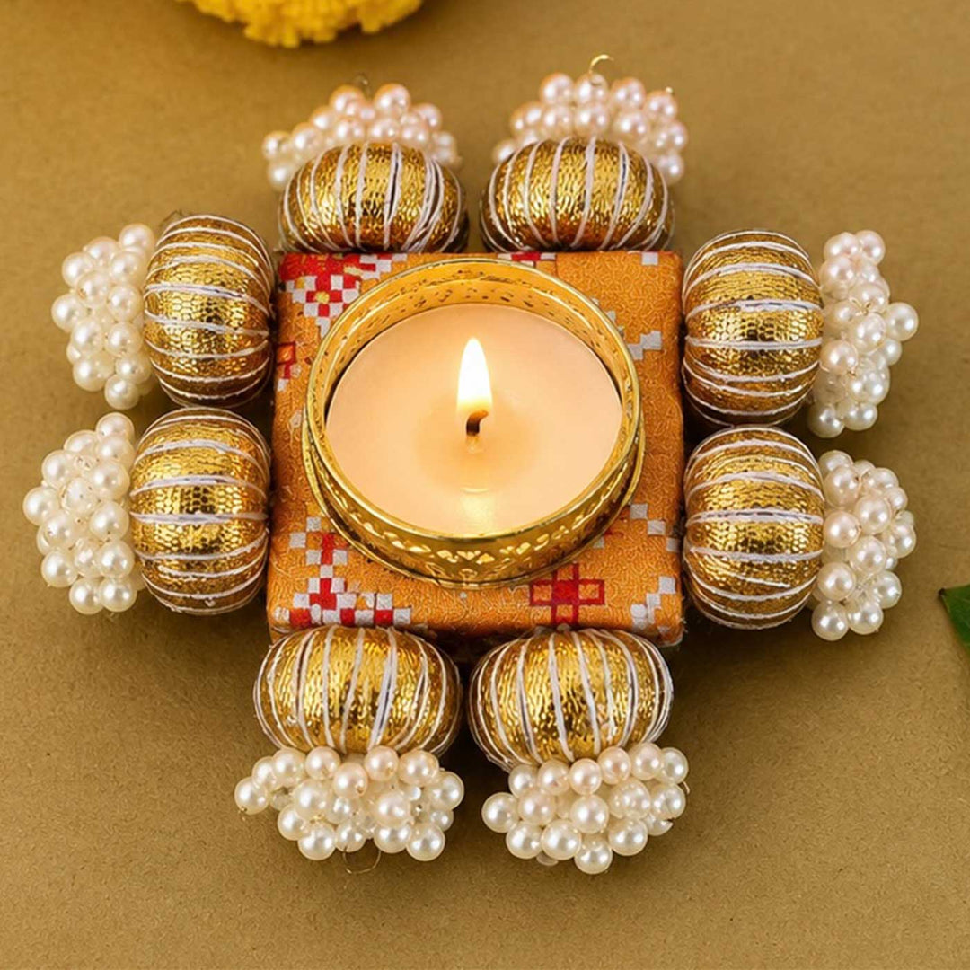 Handcrafted Reversible Gota Patti & Patola Print Square Tealight Holder With Pearl Beads