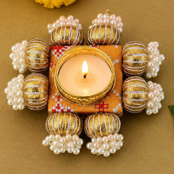 Handcrafted Reversible Gota Patti & Patola Print Square Tealight Holder With Pearl Beads