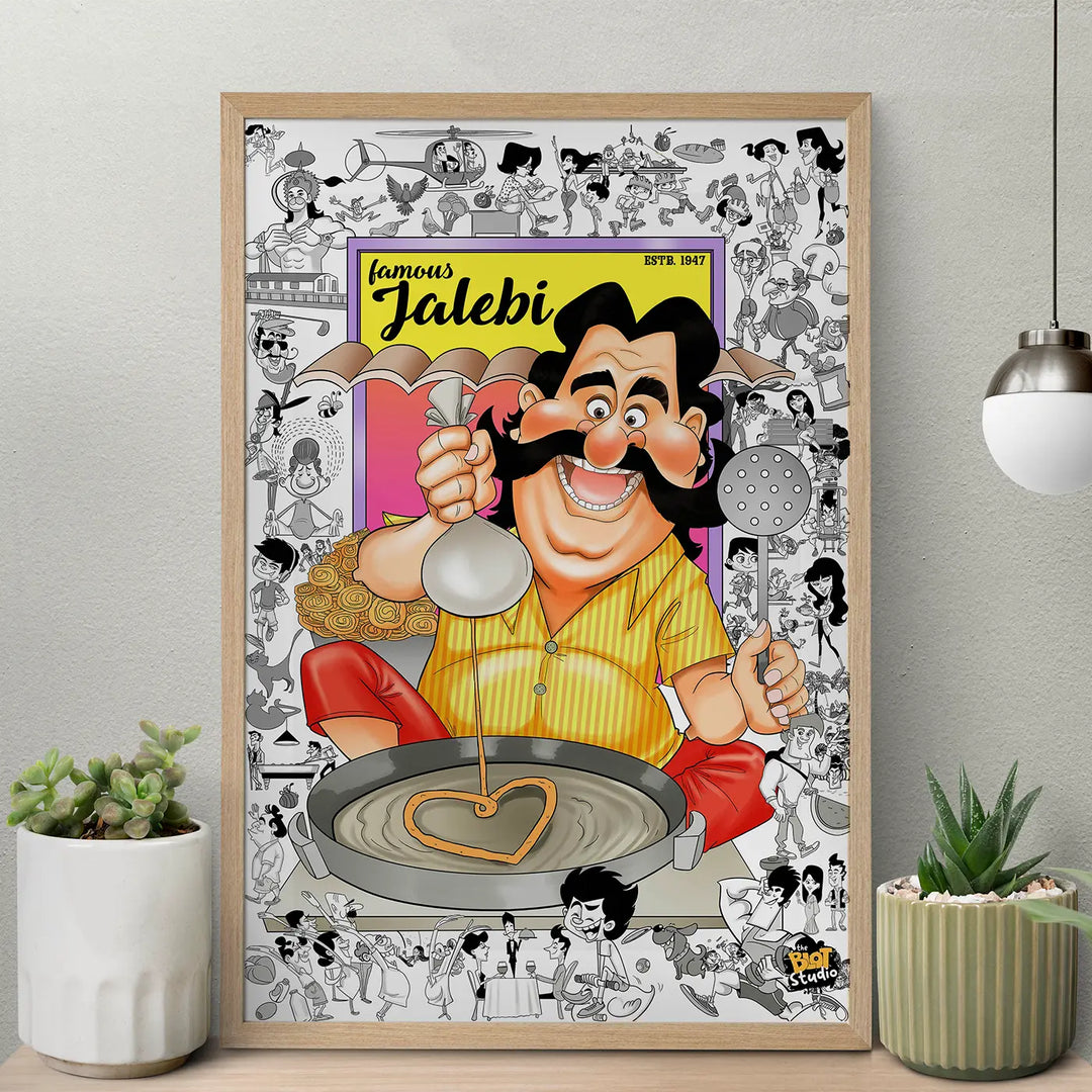 Jalebi Wala Quirky Comic Style Printed Wall Art | 11x19 Inch | Unframed