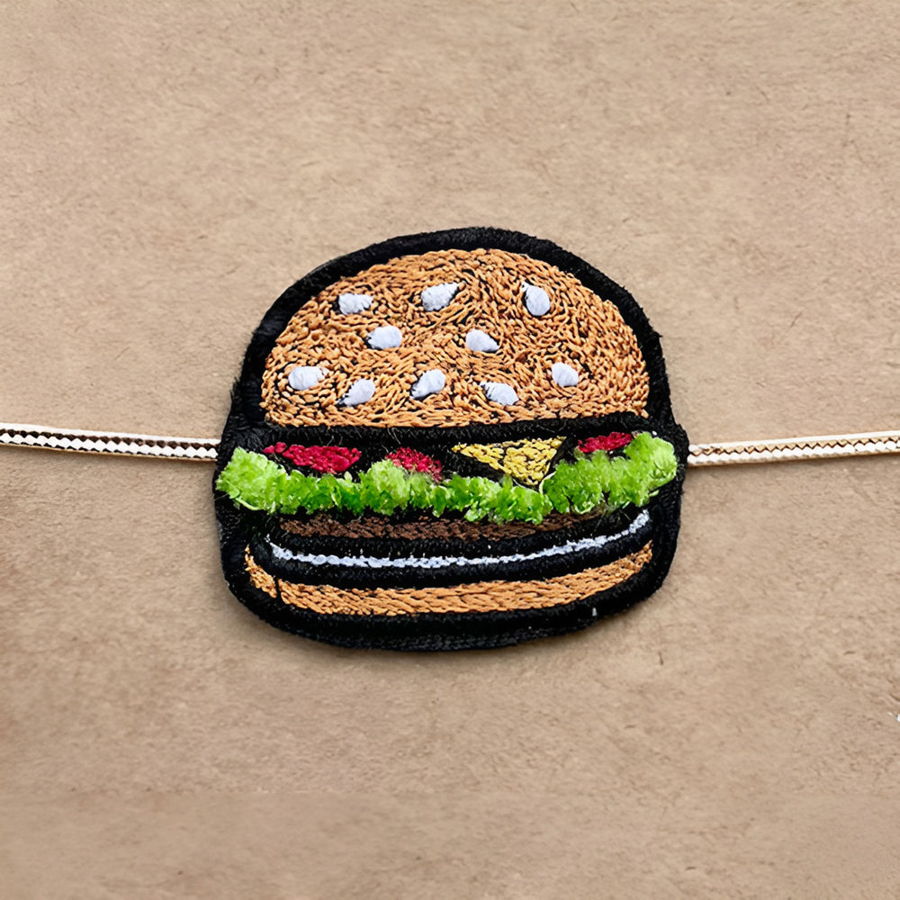 Handmade Reusable Burger Felt Kids Rakhi - Close-up Embroidered Patch