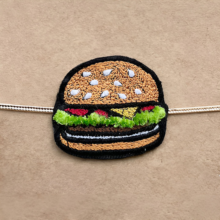 Handmade Reusable Burger Felt Kids Rakhi - Close-up Embroidered Patch