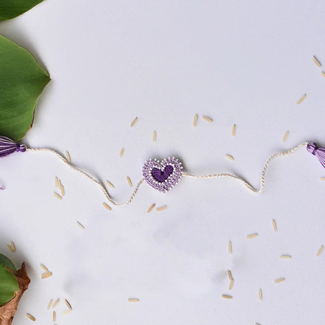 Handmade Crochet Purple Heart Bhaiya Bhabhi Rakhi With Roli Chawal | Set Of 2