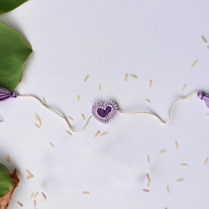 Handmade Crochet Purple Heart Bhaiya Bhabhi Rakhi With Roli Chawal | Set Of 2