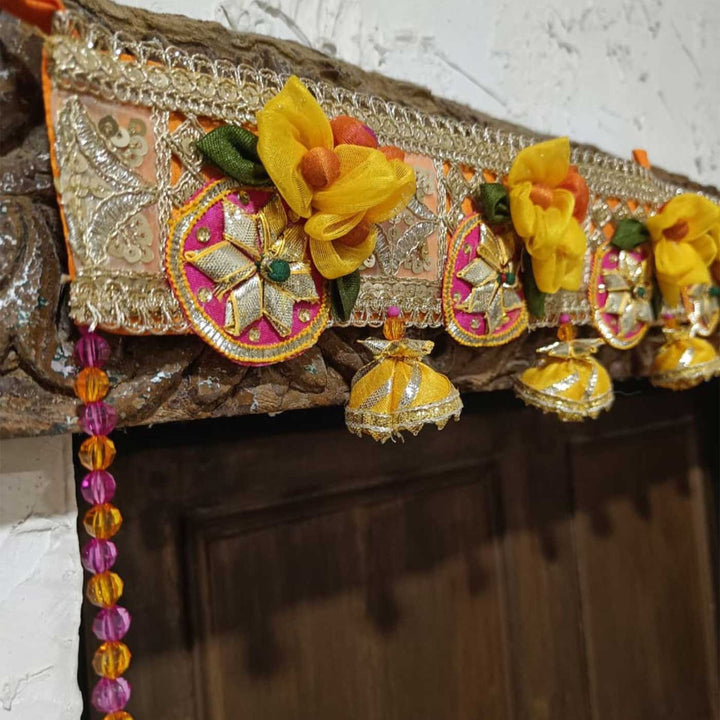 Handmade Kacchi Gota Patti Festive Banderwal Toran With Fabric Flowers & Jhumkis