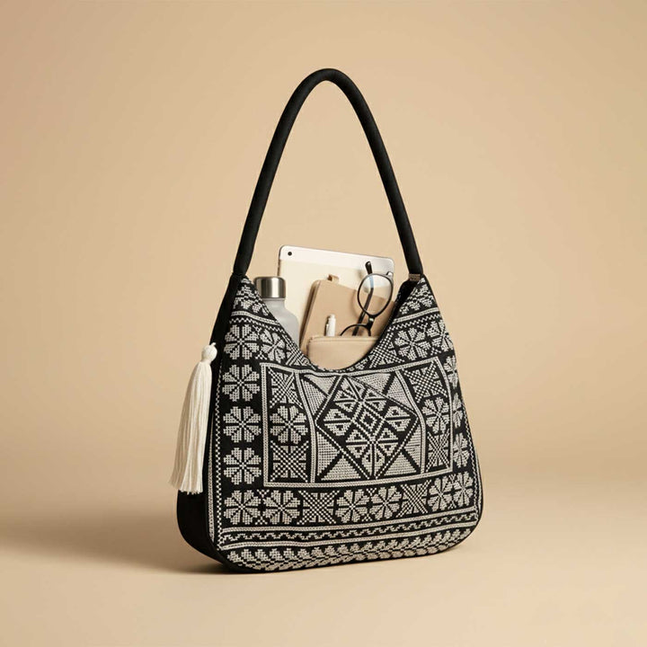 Ivory Cross-Stitch Embroidered Hobo Shoulder Bag