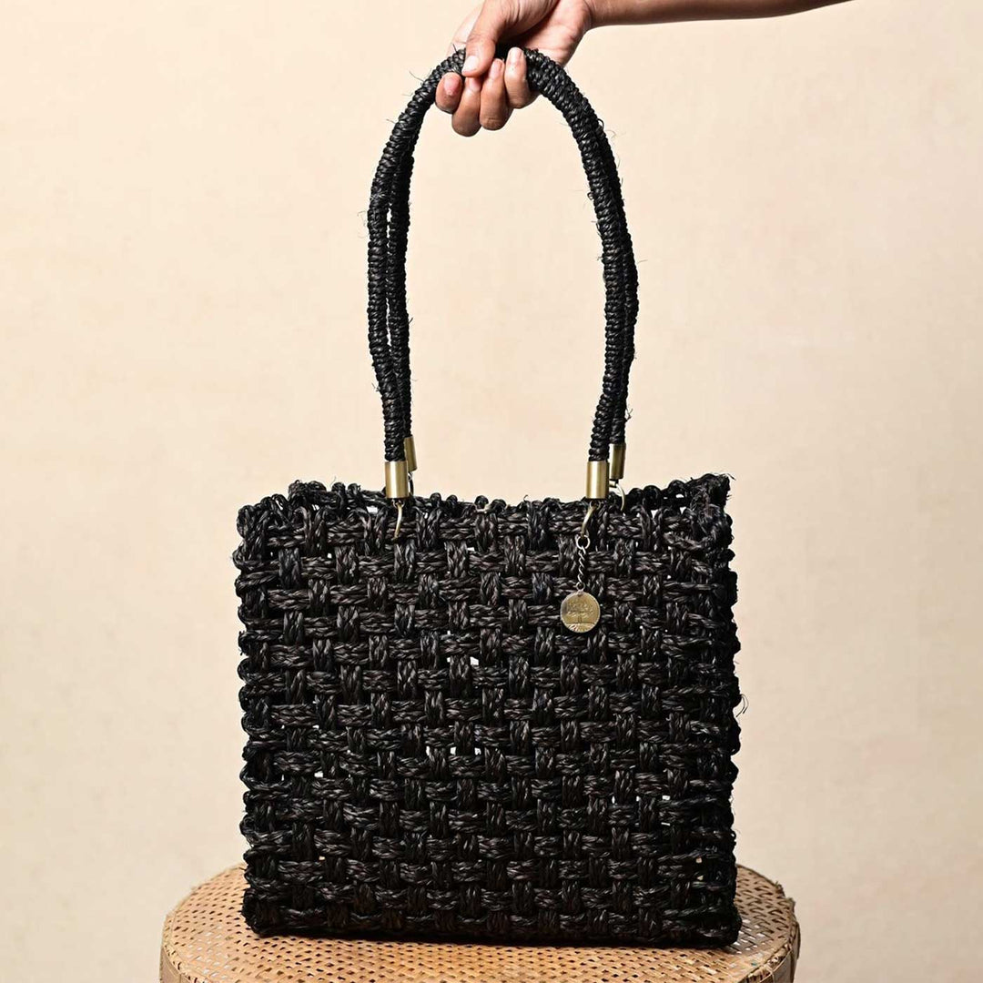 Handmade Grass Woven Vegan Wrapped Rope Handles With Metal Accents Sabai Mesh Handbag