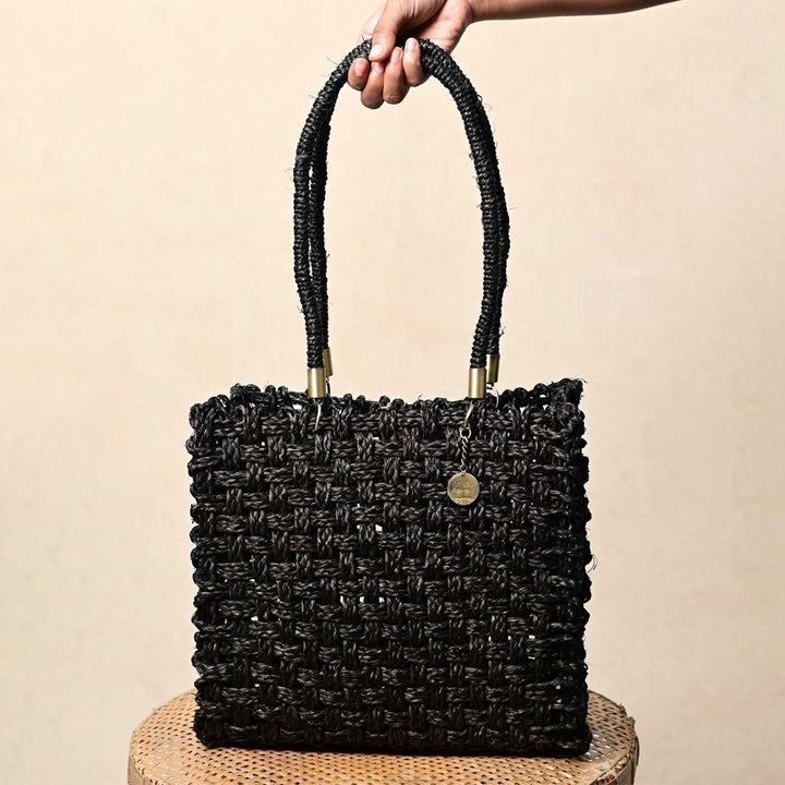 Handmade Grass Woven Vegan Wrapped Rope Handles With Metal Accents Sabai Mesh Handbag