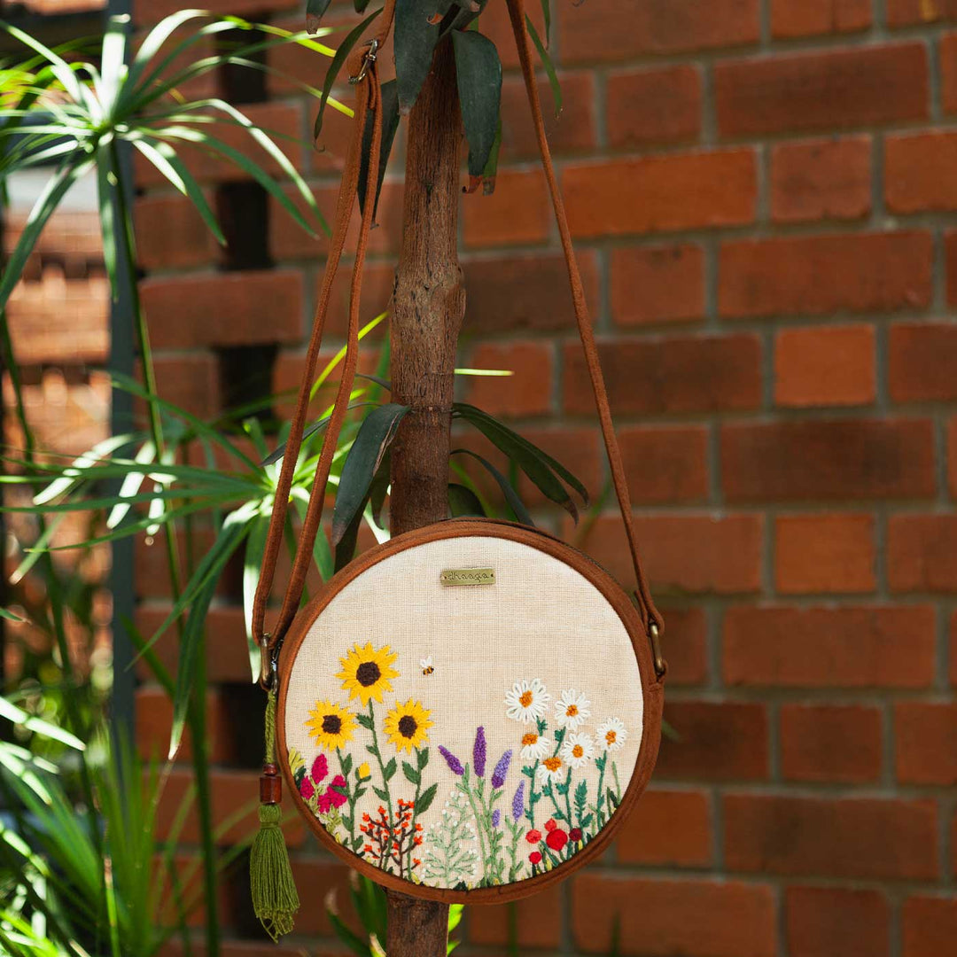Personalized Embroidered Bee & Wildflowers Round Sling Bag