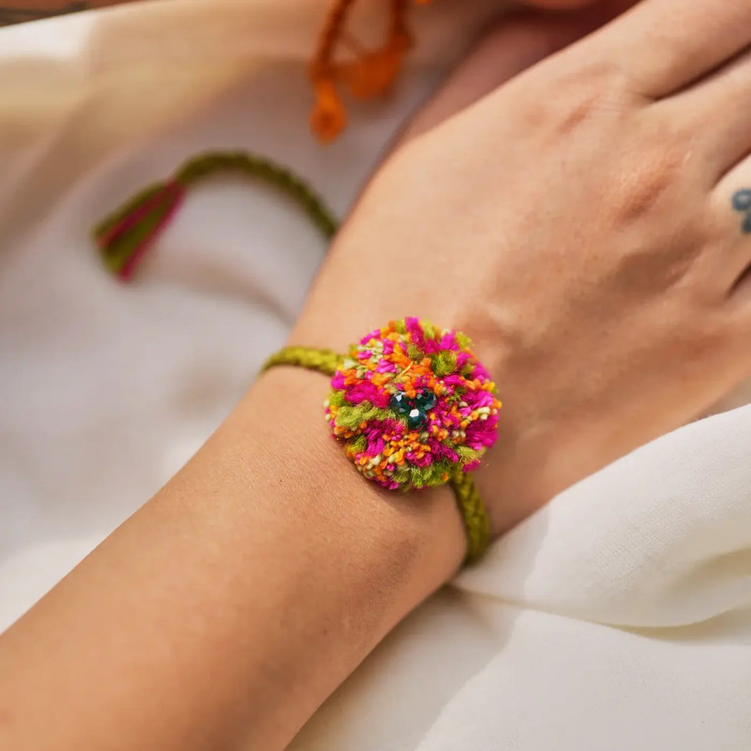 2 pc Rakhi + Brass Thali Set | Premium Dil Vali Beads & Pom Pom Rakhi Set with Roli Chawal