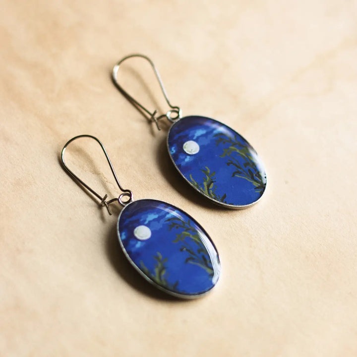 Illustrated Night Theme Moon Resin & Stainless Steel Earrings