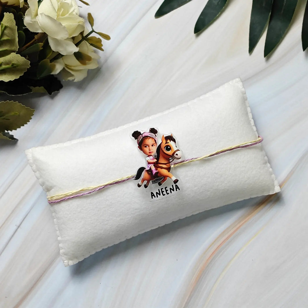 Photo Personalized Reusable Caricature Horse Riding Theme Acrylic Kids Rakhi