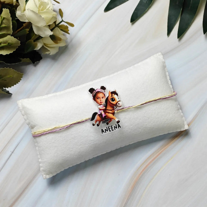 Photo Personalized Reusable Caricature Horse Riding Theme Acrylic Kids Rakhi