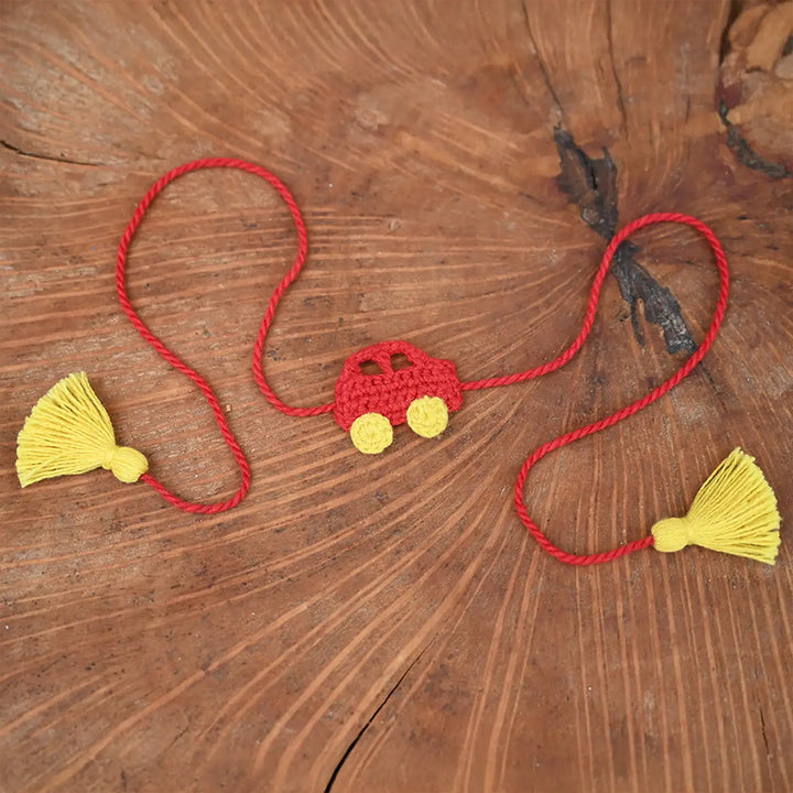 Handmade Crochet Car Theme Kids Rakhi With Roli Chawal