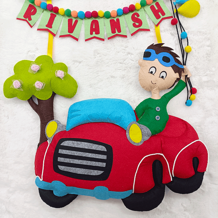 Handcrafted Personalized Rainbow & Car Themed Felt Name Plate