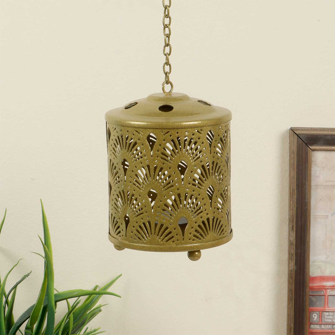 Handmade Gold Round Flower Etched Hanging Metal Tealight Holder For Festive Decor
