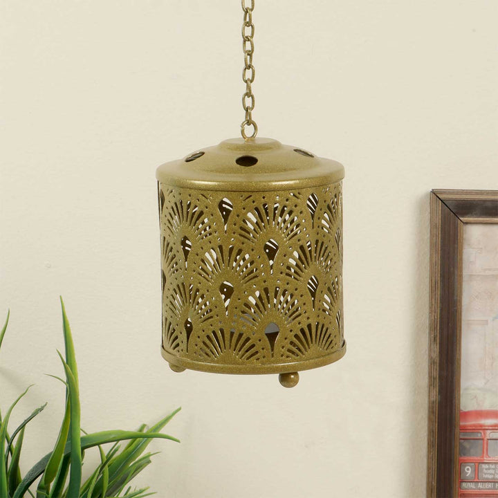 Handmade Gold Round Flower Etched Hanging Metal Tealight Holder For Festive Decor