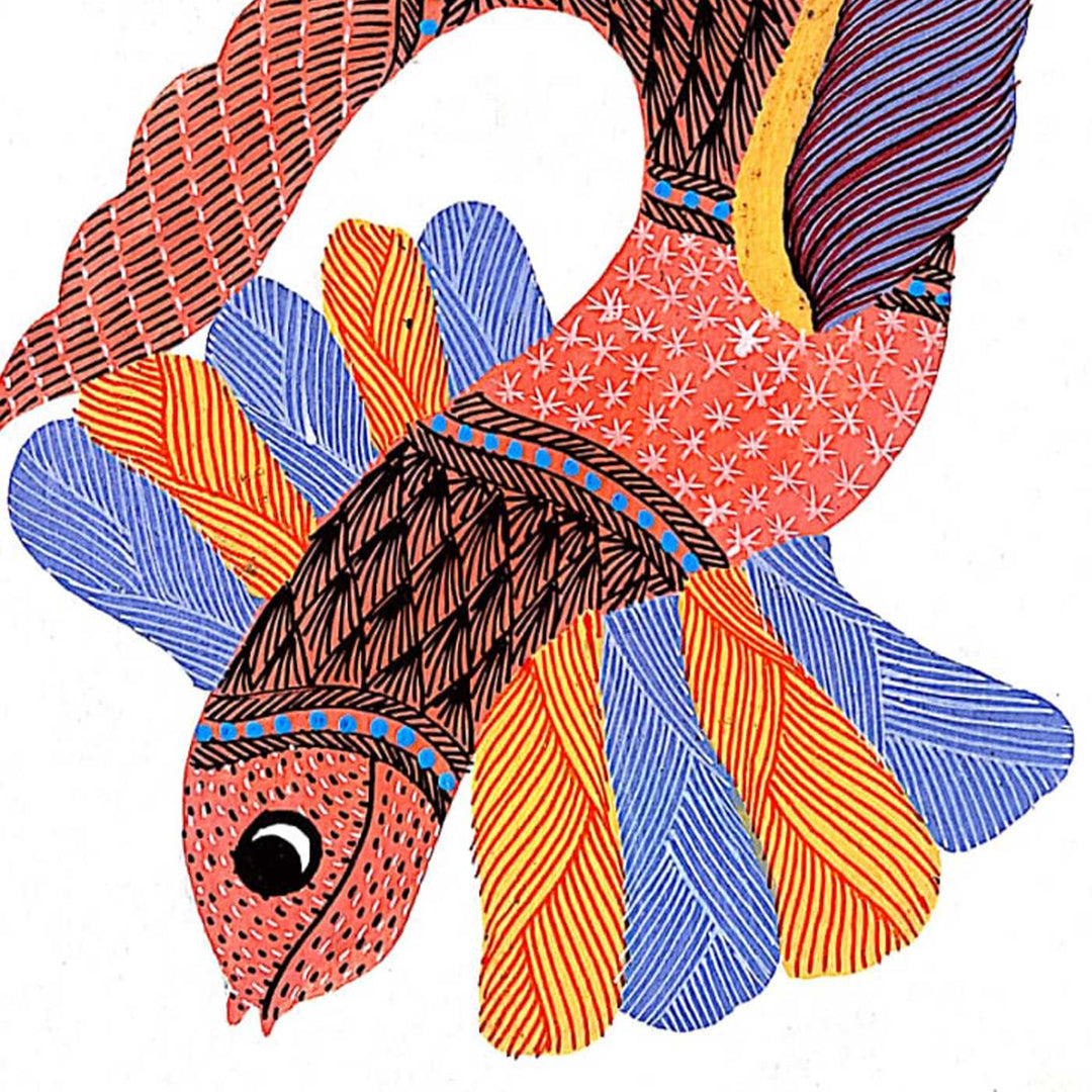 6 x 8 Inch | Colorful Fish | Original Hand painted Tribal Gond Art Painting | Acrylic Paints On Paper