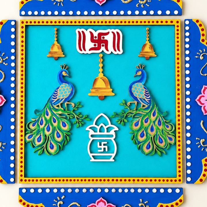 1 Pc Square & 4 Pc Border | Hand-Painted Peacock Pooja Chowki Rangoli For Festive Decor