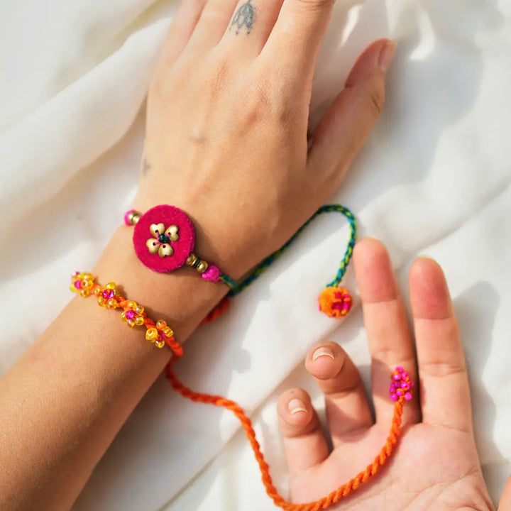 2 pc Rakhi + Brass Thali Set | Premium Gulshan Beaded Rakhi Set with Roli Chawal