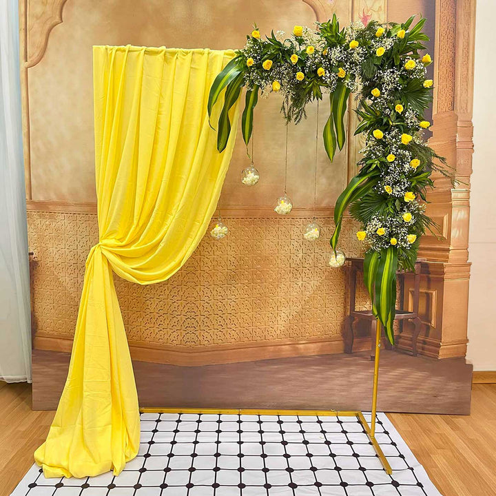 Butter Yellow Drape Backdrop Decor Kit With Stand & Hanging Glass Balls