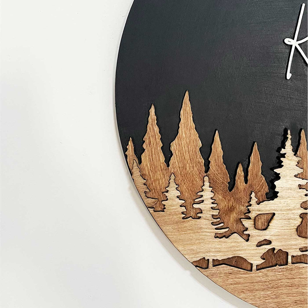 Pine Forest Theme Personalized Round Led Backlit Handcrafted Wooden Name Plate With Laser Cut White Lettering For Home