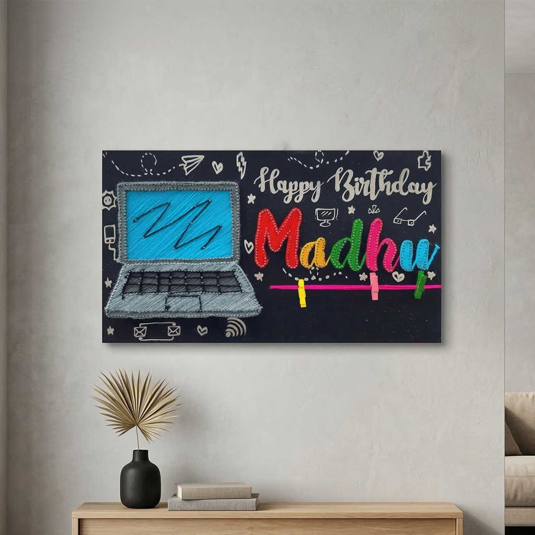 Photo Personalized String Art Laptop Theme Wooden Name Plate