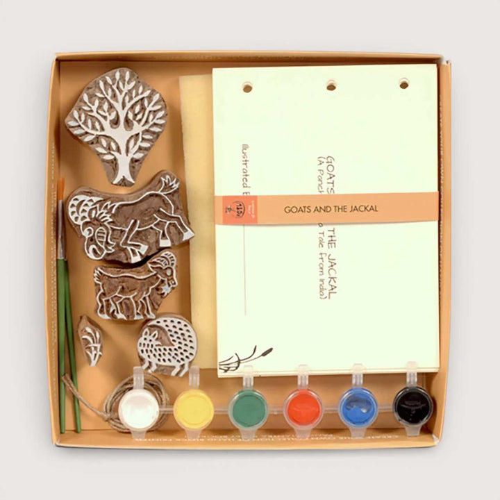 Goats and the Jackal Panchatantra Block Printing DIY Kit | 5 Stamps, Poster Colours, Painting Brush, Printing Pads, Story Cards  And Jute String