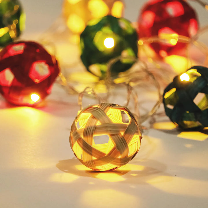 3m, 10 Bulbs | Multicoloured Star Full Moon Eco-Friendly Handmade Woven Bamboo LED Fairy Light