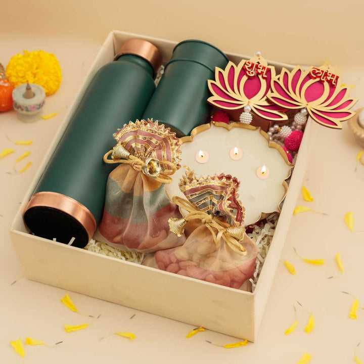 Handmade Raunak Gift Hamper | Includes 1 Bottle, 2 Glasses, 1 Shubh Labh, 1 Candle, Dry Fruits, 1 Card And 1 Box