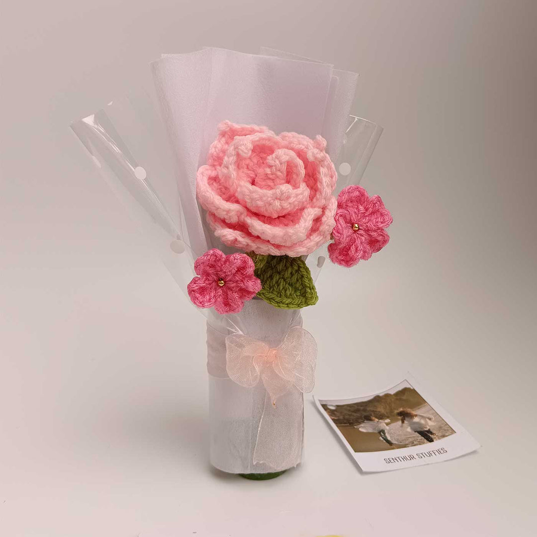 Handmade Crochet Light Pink Rose Mini Flower Bouquet | Includes Photo & Greeting Card