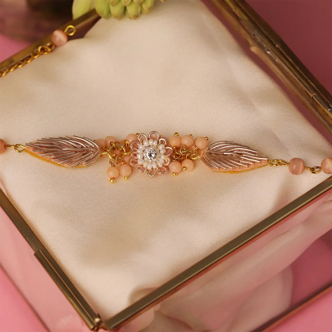 Handmade Beaded Peach Rakhi With Roli Chawal