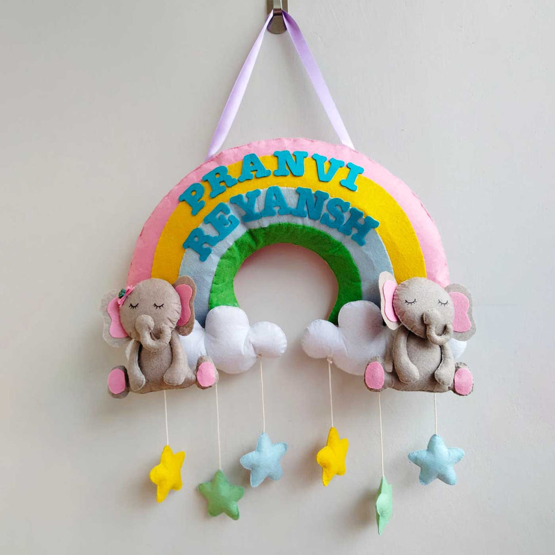 Personalized Rainbow & Elephant Theme Felt Kids Name Plate
