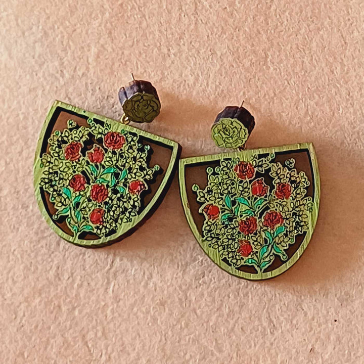 Handmade Green Roses Design Wooden Earrings