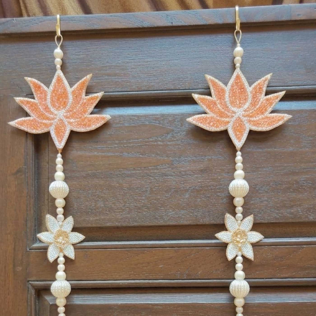 2 Pc | Peach Lotus Beaded Hanging With Pearl Tassels