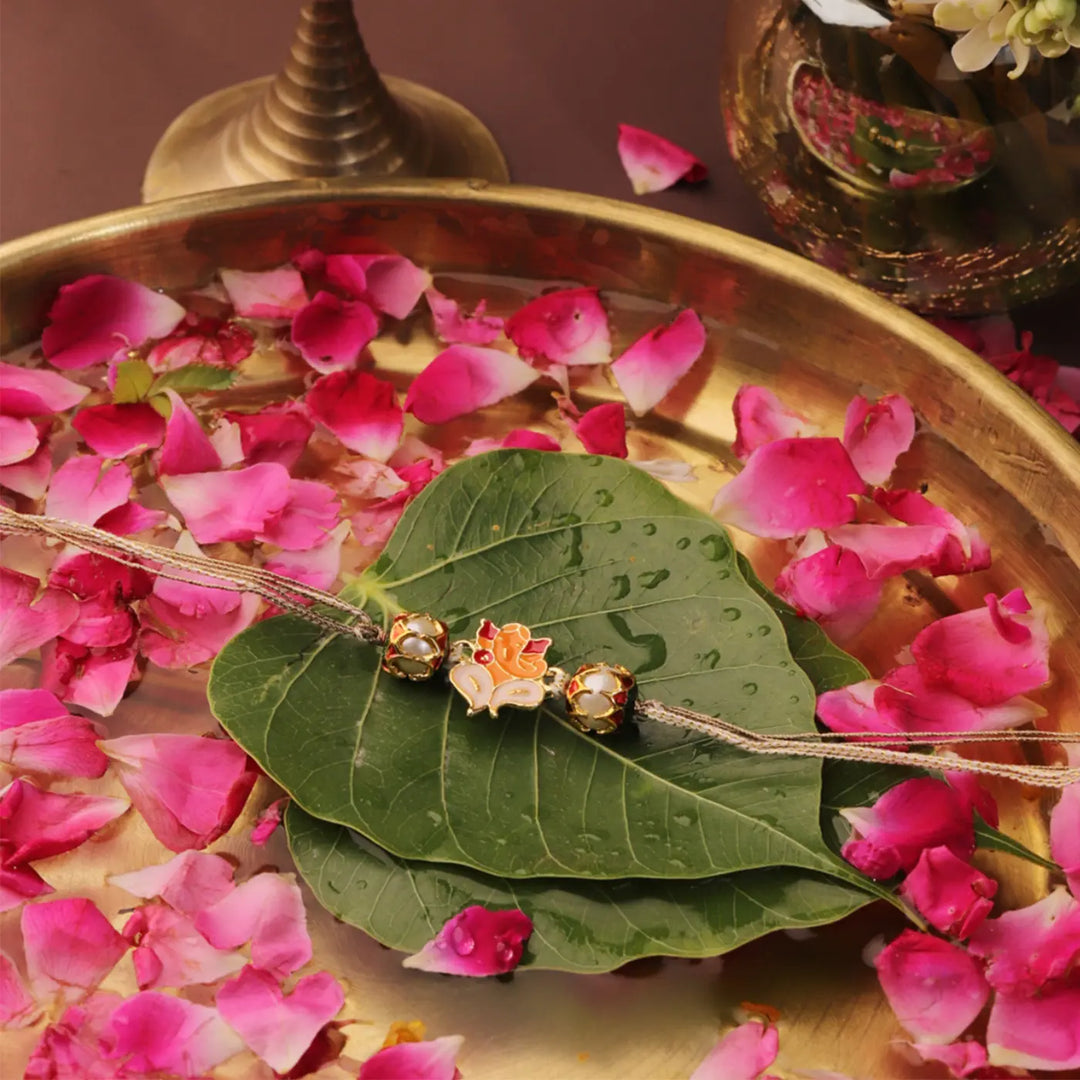 Handmade Lord Ganesha Meenakari Rakhi With Roli Chawal