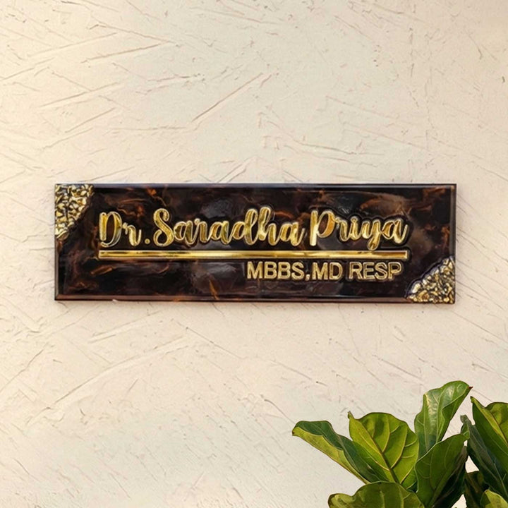 Handmade Resin Black & Gold Rectangle Marbled Name Plate for Doctors