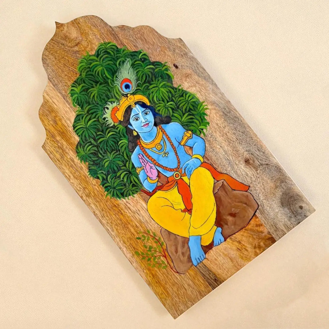 Hand-Painted Krishna Wooden Wall Decor