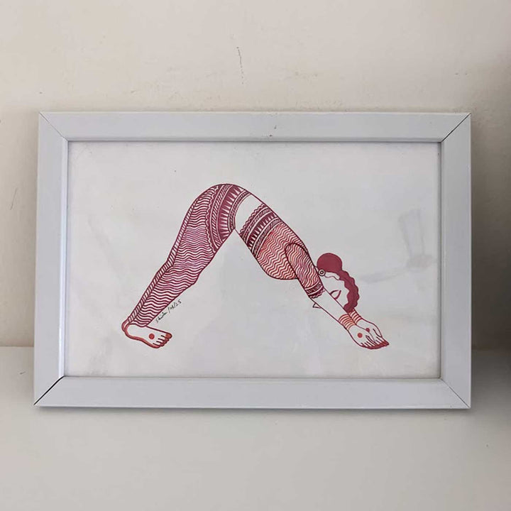 6 x 9 Inch | Parvatasan Yoga Pose | Minimalist Black & White Mudhubani Style Line Drawing With Frame