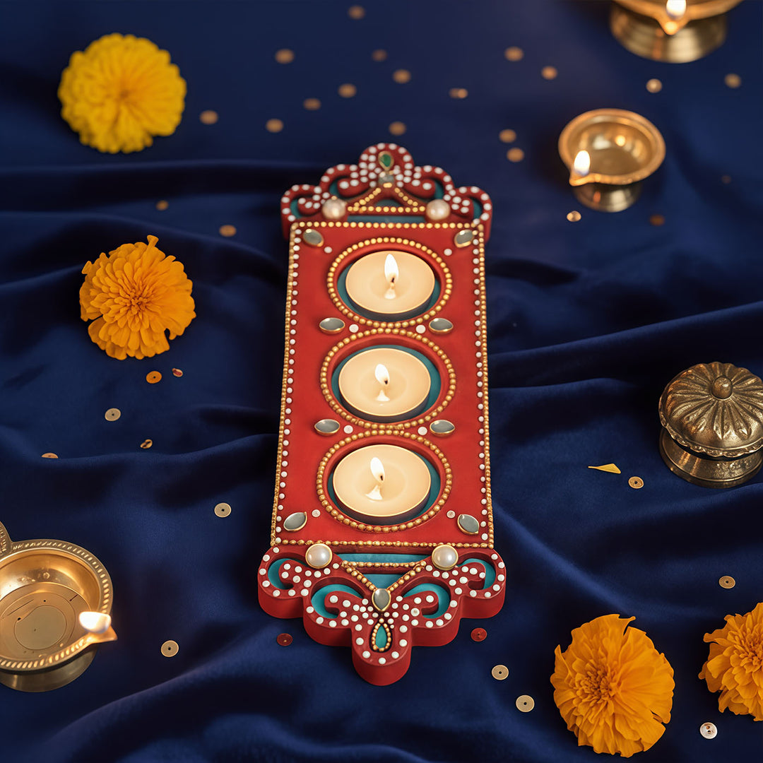 Handmade Dot Art Red & Blue Tealight Holder