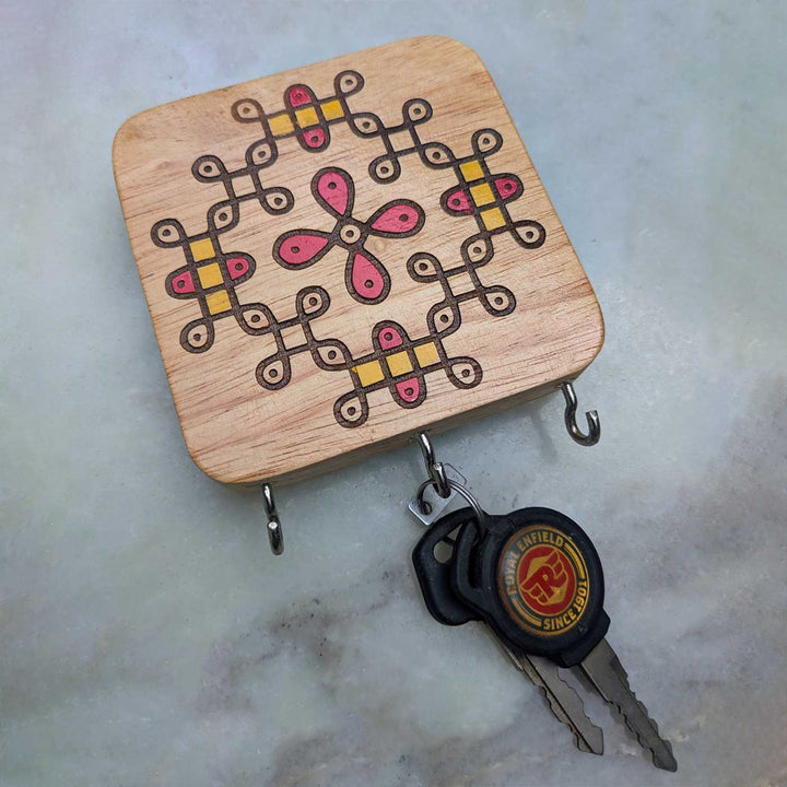 Hand-Painted Flower Medallion Kolam Rubber Wood Wall Key Holder
