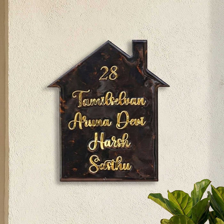 Handmade Resin Black & Gold House Shaped Marbled Name Plate