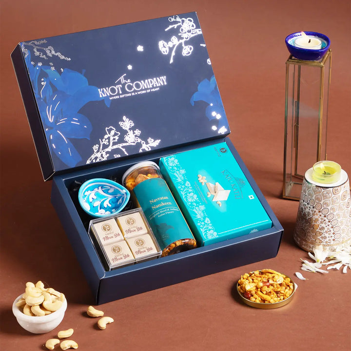 Bluetiful Festive Treats Diwali Gift Hamper | Includes 1 Diya, 1 Namkeen Jar, 1 Kaju Katli Box, 4 Mewa Bites, 1 Gift Box