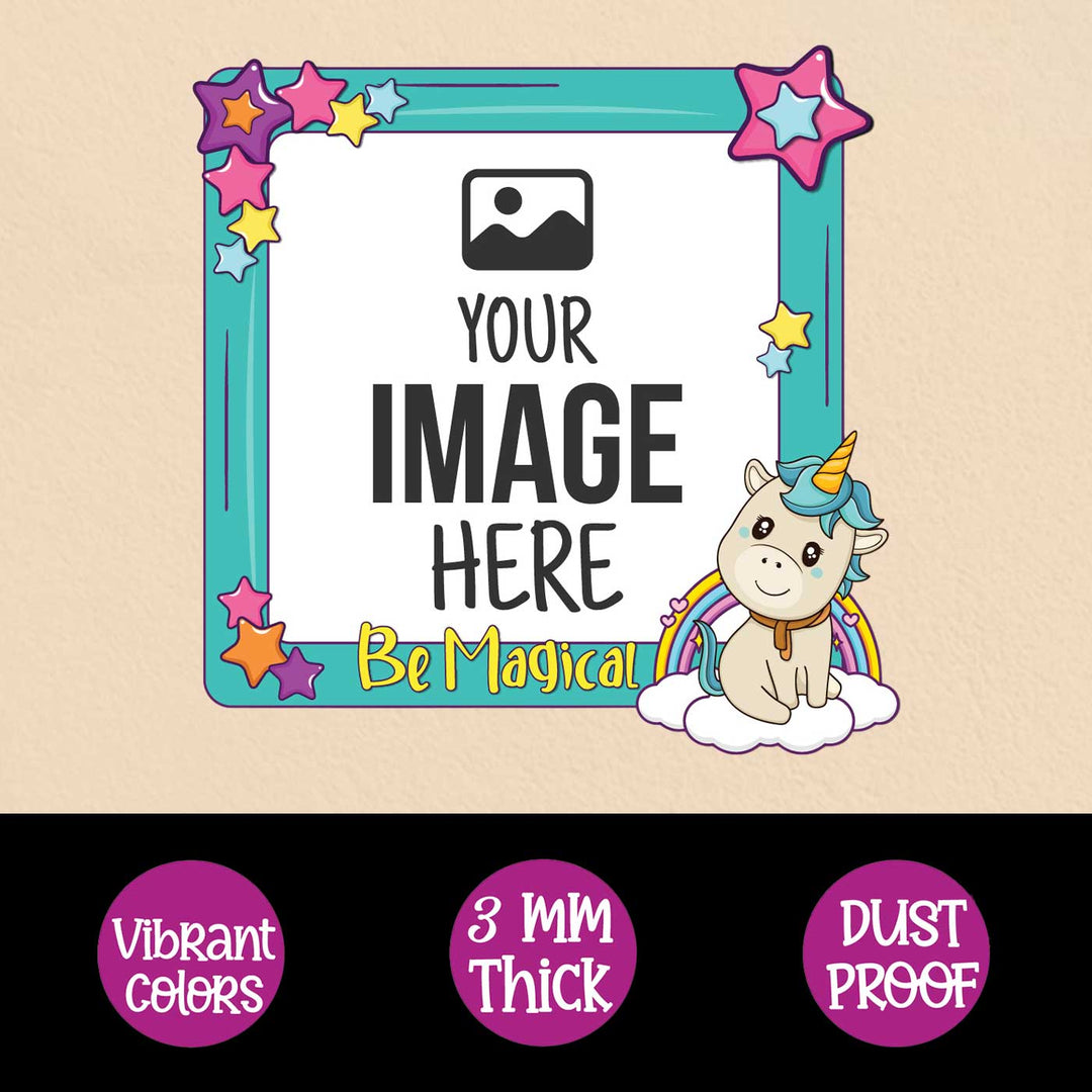 Photo Personalized Blue Unicorn Theme Wooden Fridge Magnet