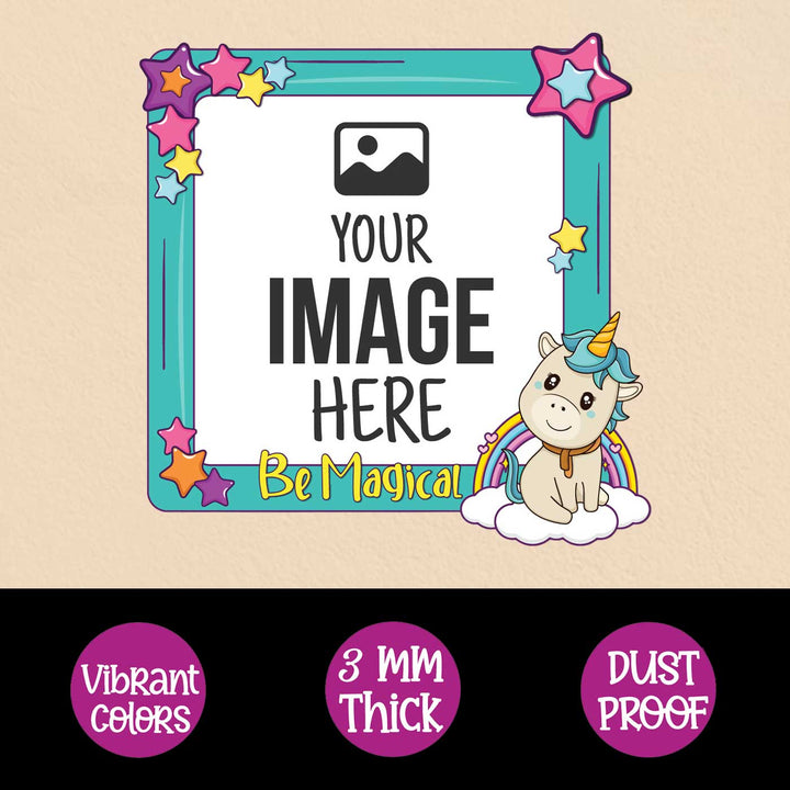 Photo Personalized Blue Unicorn Theme Wooden Fridge Magnet