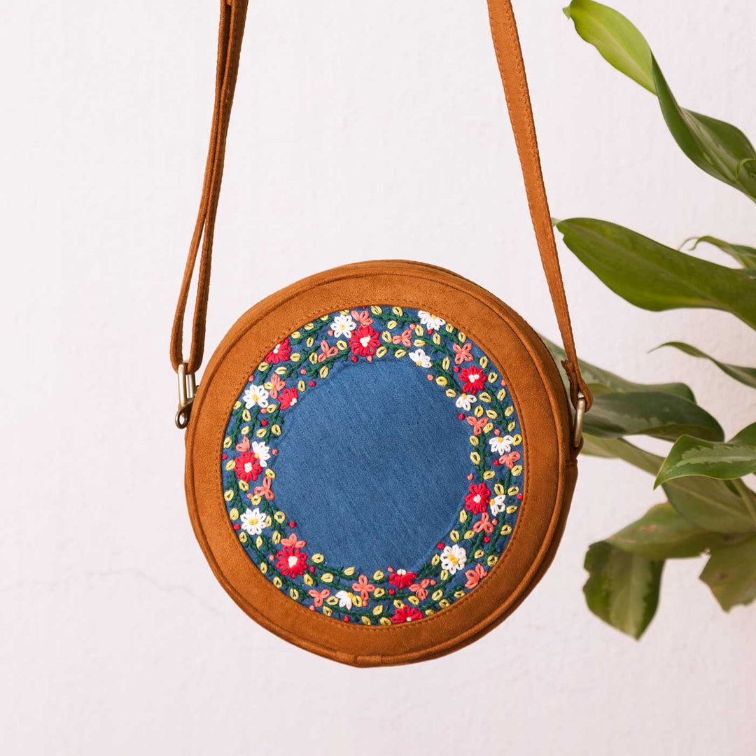 Personalized Embroidered Tan Brown Denim Floral Round Sling Bag